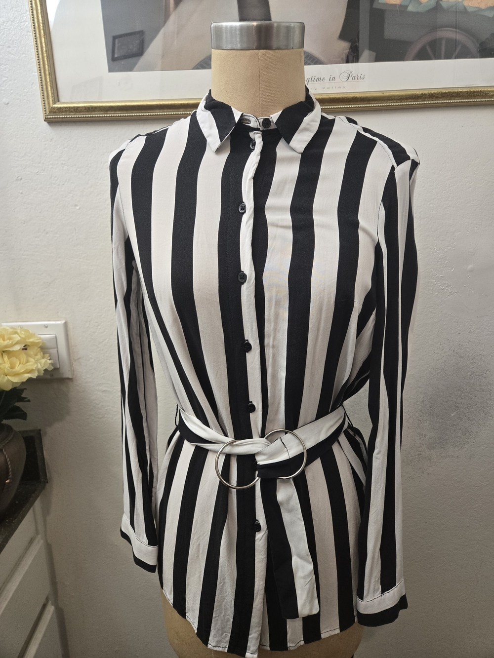 H&M Black and White Vertical Stripe Button-Down Shirt